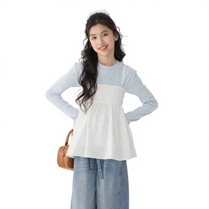 Completo Trendy Due Pezzi da <span class=keywords><strong>Bambina</strong></span>: Abito Gilet con Bretelle in Cotone Tinta Unita Stile Francese Elegante e Maniche Lunghe - Nuova Collezione Primavera 2026 - Product Image 1