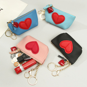 Genuine Leather Heart Coin <b>Purse</b>, Top Grain Cowhide Color Block Pouch, OEM/ODM Custom Factory, <b>Cute</b> Keychain Bag - Product Image 1