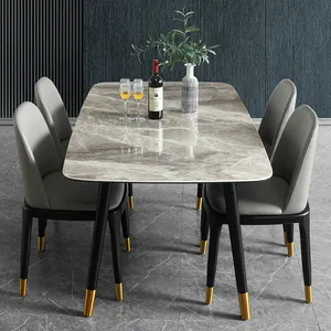 European Italian style metal frame marble table top sintered stone dining table set with gold decoration legs