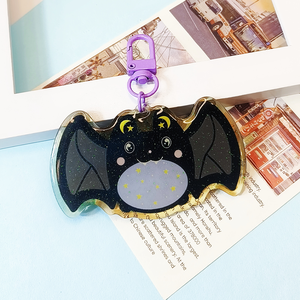 Low Minimum Wholesale Custom Cute Bat Cartoon Plastic Key Chain Epoxy Glitter Clear Printed Acrylic Keyring Keychain