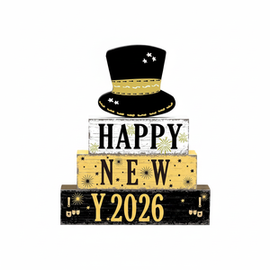 Set di 4 Decorazioni in Legno per Vassoio a Più Livelli, Tema Capodanno 2026, Nero e Oro, per Tavola e Feste - Product Image 2