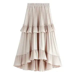 लघु फ्रंट बहुत पहले केक शैली अनियमित मिडी स्कर्ट WF0047 rokjes डेम्स महिलाओं देवियों Ruffles काले सफेद लंबी Pleated स्कर्ट