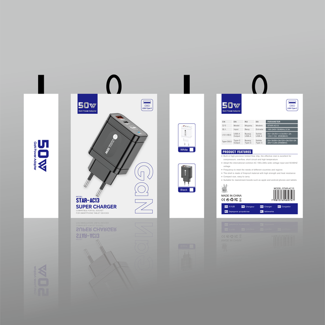 OEM 50W GaN Fast Charger USB-A Type-C Dual Port Wall Adapter EU Plug Custom Logo for iPhone Samsung Tablet Wholesale
