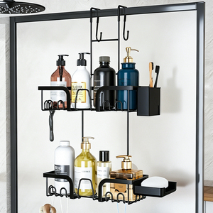 Organisateur de salle de bain suspendu en métal noir à 2 niveaux, étagères de douche antirouille à <span class=keywords><strong>suspendre</strong></span> sur la <span class=keywords><strong>porte</strong></span> pour rasoirs, crochets et <span class=keywords><strong>porte</strong></span>-<span class=keywords><strong>savon</strong></span> - Product Image 1