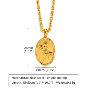 Collar con Colgante de Flor Ovalada y Árbol de Coco en Acero Inoxidable con Baño de Oro de 18k, Cadena de Eslabones Plateada, Regalo Casual/Deportivo - Product Image 5