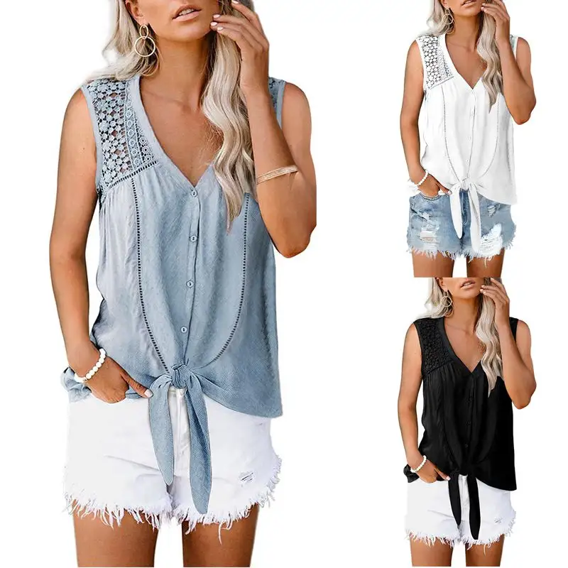 2021 Women Clothes Sleeveless V Neck Crochet Lace Shirts Summer Blouse Shirts For Office Lady Top Blouses