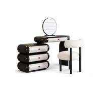 Ensemble coiffeuse incurvée noir et blanc avec miroir LED et tabouret, bureau de maquillage pour chambre à coucher, plusieurs tiroirs pour un grand rangement
