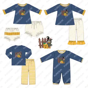 2023 último otoño Halloween vacaciones disfraz calabaza apliques bebé niñas trajes boutique smocked niños ropa conjunto