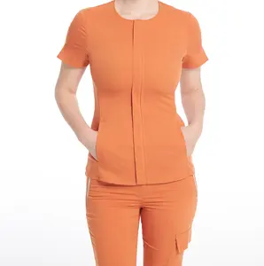 Alta qualità scrub set uniforme misura Slim Tshirt pantaloni da Yoga ospedale infermiera Beauty Spa da lavoro abbigliamento elasticizzato Spandex nascosto Zip