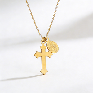 Bijoux religieux chrétiens, collier avec pendentif croix crucifix Vierge Marie Jésus, chaîne à maillons, acier inoxydable doré, couleur or rose - Product Image 5