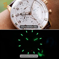 Montre mécanique automatique multifonctionnelle en acier inoxydable avec verre saphir, bracelet en cuir, luminescente, réserve de marche, pour affaires et occasions formelles