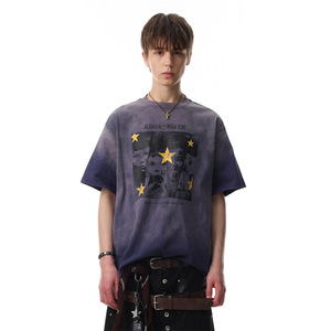 Camiseta de hombre de algodón 100% de 250-300g, cuello redondo, manga corta, estilo vintage, con estampado degradado tie-dye, corte holgado, de marca, a la moda. - Product Image 2