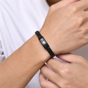 Fashion Minimalist High End Jewelry <b>Mens</b> Stainless Steel Button Black Leather Bracelets - Product Image 4