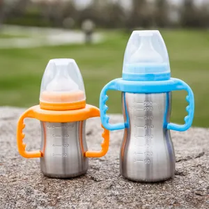 BPA-frei 180/290 ml Anti-Flatulenz isolierte Fütterungsflasche Baby überlaufsichere Dichtung Druckmuster Edelstahlgriff Silizium-PP