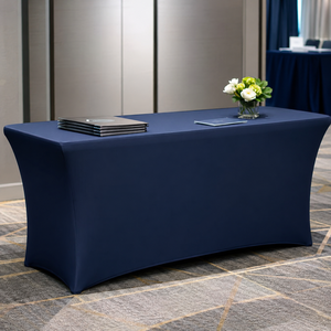 Double Stitched White 6ft Spandex <b>Waterproof</b> Customizable Stretch Fitted <b>Table</b> <b>Cover</b> for Trade Show - Product Image 1