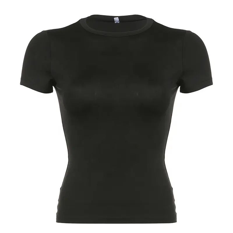 नई महिलाओं की छोटी आस्तीन वाली सेक्सी क्रॉप टॉप कॉटन स्ट्रेचफैब्रिक्स टी शर्ट लूज ब्लाउज चमकदार काली शर्ट