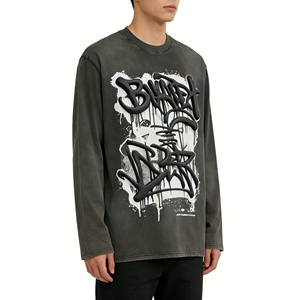<span class=keywords><strong>T</strong></span>-shirt à manches longues gris foncé délavé vintage de style streetwear américain, imprimé graffiti, coupe ample, col rond - Product Image 3