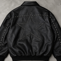 Veste en similicuir cloutée sur mesure OEM, noire, en PU, coupe oversize, avec fermeture éclair, col rabattu, appliqué, ourlet côtelé, unisexe, style streetwear