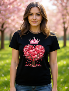 T-shirt da donna con stampa Heart Tree Crown, manica corta, girocollo, top casual, per feste di San Valentino, primavera, estate, autunno - Product Image 2