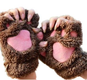 Women Girls Casual Outdoor Lovely Fluffy Bear Cat Plush Paw Claw Half Finger Breathable Winter Warm Fingerless Gloves - Product Image 2