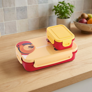 Boîte à lunch MEAL-X 600, jolie boîte à lunch en plastique à deux étages avec motif d'ours, rouge et jaune, pour enfants, portable, empilable, sans BPA - Product Image 2