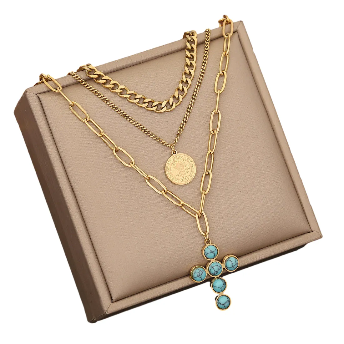 Fashion New Natural Turquoise Cross Necklace Earring Set 18k Gold Pated Copper Stainless Steel Fashion Pendant Jewelry for Women