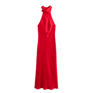 KP & ZA 2025 été nouvelle mode Damen Beleuchtung cou titulaire Rucken perd Seiden Satin Texture formelle Midi longueur robe florale - Product Image 1
