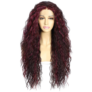 Venta al por mayor Futura fibra 26 pulgadas sintético Natural rizado ondulado resaltar 13x3 encaje frontal peluca marrón púrpura <span class=keywords><strong>Borgoña</strong></span> Color pelo - Product Image 1