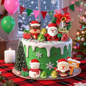 Ensemble de décorations de gâteau de Noël : Père Noël, Bonhomme de neige, Renne, Couronne, Boîte cadeau, Boule disco, Sapin, Panneau Joyeux Noël, Fournitures de décoration pour fête de Noël - Product Image 1