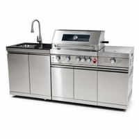 Ensemble barbecue et cuisine extérieure en acier inoxydable avec brûleur latéral et évier, îlot barbecue modulaire pour patio et jardin