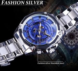 Pour les hommes en acier inoxydable bande automatique de luxe montre d'affaires cadran en cristal double mouvement creux 3BAR résistance à l'eau - Product Image 4