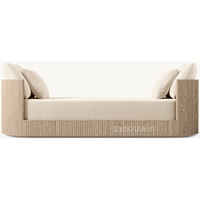 Lit double moderne en tissu avec base en chêne rainuré, multifonctionnel et rembourré, pour chambre et salon