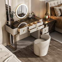 Ensemble coiffeuse moderne en bois massif 2026 avec miroir sur pied LED haute définition extensible, idéal pour appartement et chambre à coucher