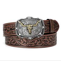 Ceinture de cowboy en cuir PU élégante pour homme, style western vintage, motif de taureau Longhorn en relief, avec boucle en alliage pour jeans et pantalons