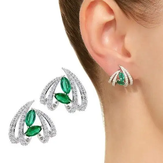 CAOSHI Top Seller 1 Set Green Color Rhinestone Earings Women 4 Line Silver Plated Bling Bling CZ Cubic Zirconia Stud Earrings