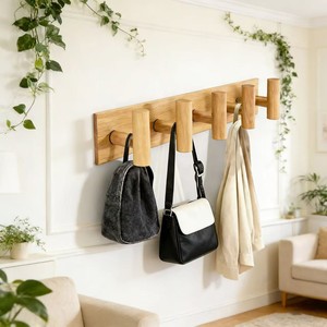 Wooden <b>Wall</b> Mounted Coat Rack Solid Wood Hanger With 5 <b>Hooks</b> <b>For</b> Clothes Bags Hats <b>Key</b> Holder Home Use - Product Image 2