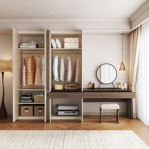 Ensemble <span class=keywords><strong>armoire</strong></span>-bureau crème style bohème français, <span class=keywords><strong>armoire</strong></span> intégrée cintrée avec étagères ouvertes et bureau, mobilier de chambre confortable - Product Image 2