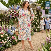 Robe chemise midi grande taille 180 GSM en viscose à imprimé floral avec col et ceinture, idéale pour les fêtes en jardin, fabrication britannique (OEM) 1X-5X