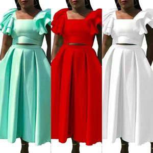 Nouveau design ensemble deux pièces vêtements pour femmes manches volantées col carré haut jupe trapèze ensemble deux pièces tenues pour femmes - Product Image 6