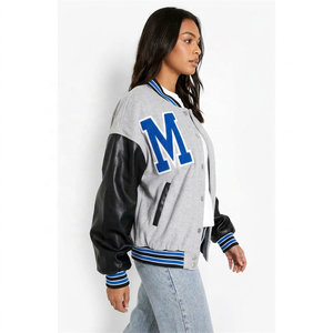<b>Women's</b> Gray Varsity Jacket Letter Applique <b>Black</b> Leather Regular Sleeves Snap Button Coat Waterproof Winter <b>Fleece</b> Lining - Product Image 5