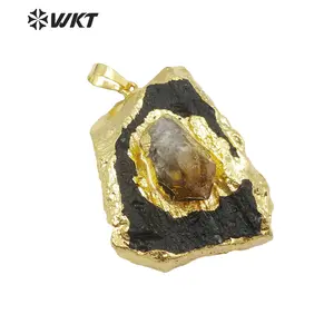 WT-P1396 Wholesale 18k gold plated natural black tourmaline stone pendant with yellow citrine quartz charms bohemian raw stone