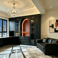 Armoire murale en bois courbée de style rétro français avec évier intégré, finition noir mat moderne, pour l'aménagement intérieur de villas haut de gamme