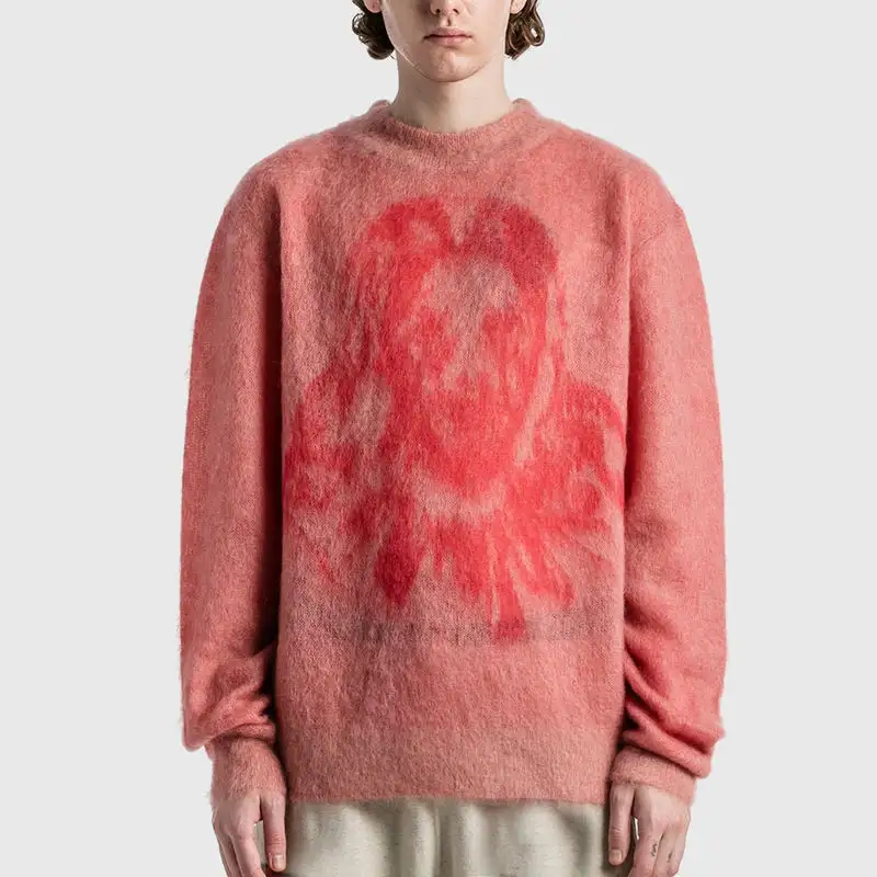 Pull en tricot rose à col rond à la mode Logo personnalisé Fuzzy Mohair pulls pour hommes pour tricots hommes