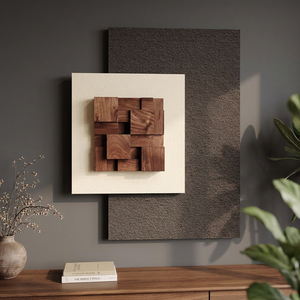 Art mural 3D texturé en bois, grand portrait neutre, impression moderne beige et marron sur métal - Product Image 2