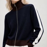 Cardigan en laine mérinos bleu marine pour femme, tricoté, zippé, col cheminée côtelé marron, fabrication sur mesure ODM OEM, vente en gros d'usine
