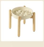 Gamelle en céramique Color Glaze Flocon de Neige à alimentation lente avec support en bois croisé, 4 tailles disponibles, anti-étouffement, gamelle surélevée pour animaux de compagnie