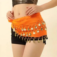 Cinturón de cintura sexy para danza del vientre, con decoración de 72 monedas, pañuelo de cadera para danza india, sarong, cinturón de gasa de tres capas, fular para la cadera