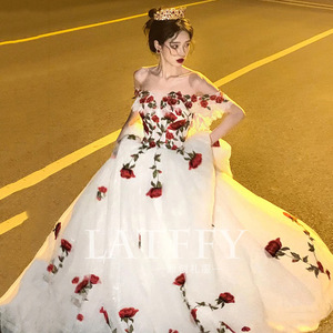 Rose Themed Wedding Gown White Chiffon Embroidery Ball Gown Strapless Empire Waistline Bridal Dress - Product Image 5