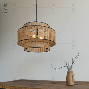 Lustre rond en rotin fait à la main, luminaire suspendu LED à trois têtes E27, pour salle à manger, salon, chambre à coucher, salon de thé, Style Zen - Product Image 3