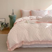 Drap-housse en mousseline de polyester 200TC, style français, motif floral, couleur unie, doux, avec dentelle découpée et pompons ondulés, blanc crème